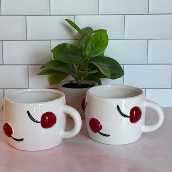 Set of 2 adorable red cherry mugs!  Painted Cherries on mugs - Picture 2 of 3